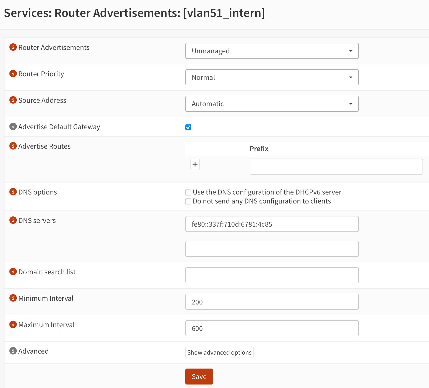 Screenshot of OPNsense IPv6 RA Settings